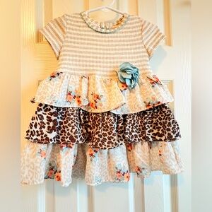 Girls Floral & Leopard Tiered Ruffle Dress in Cream and Brown
